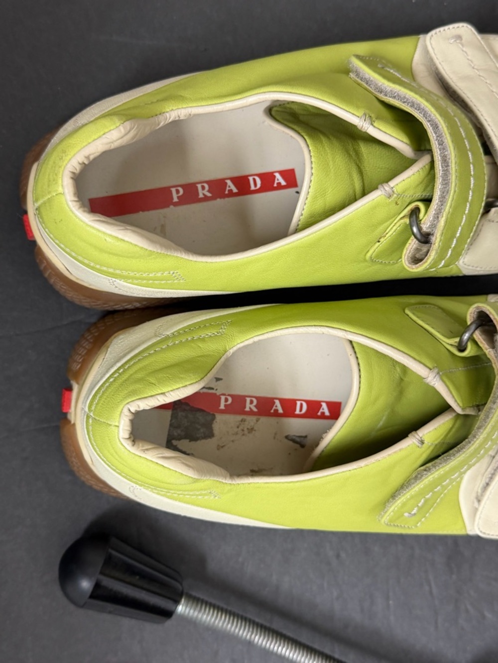PRADA Sneakers 2 Straps AMERICAS CUP ORIGINAL Lime Tan Leather Size 8 EU 41 RARE - Picture 8 of 10